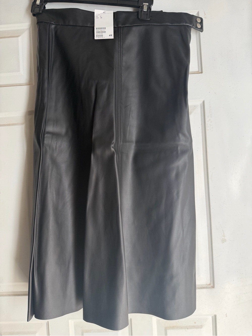 H&M Black Faux Leather Midi Skirt with Center Seam and Side Snap